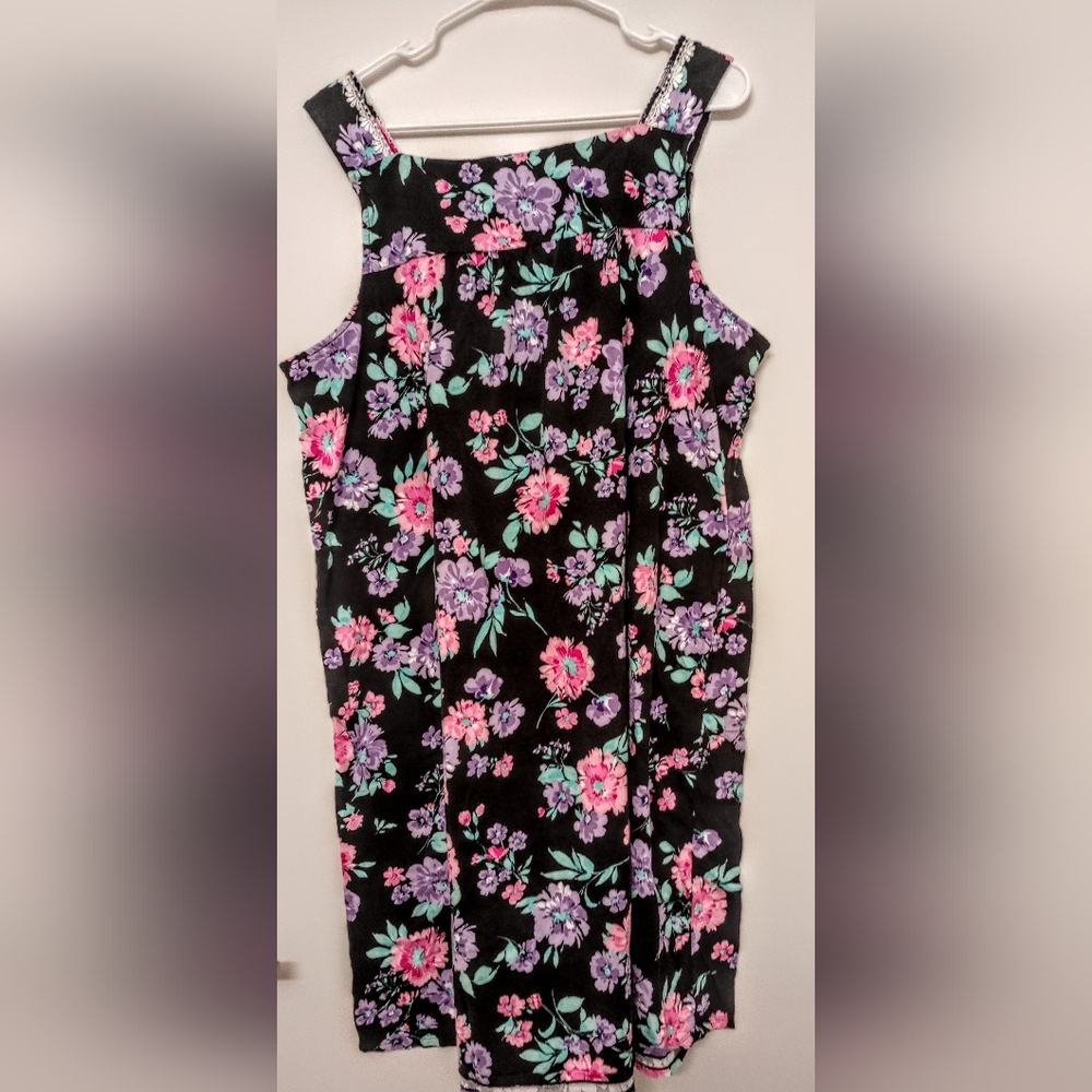 Floral Black Night Gown,Pink& Purple Blooms, Lace Accent, 2X, By Aria Collection